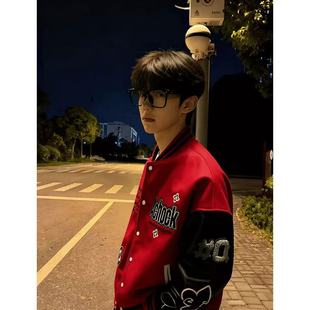 国潮美式复古字母刺绣棒球服夹克男生秋冬重磅撞色设计感百搭外套