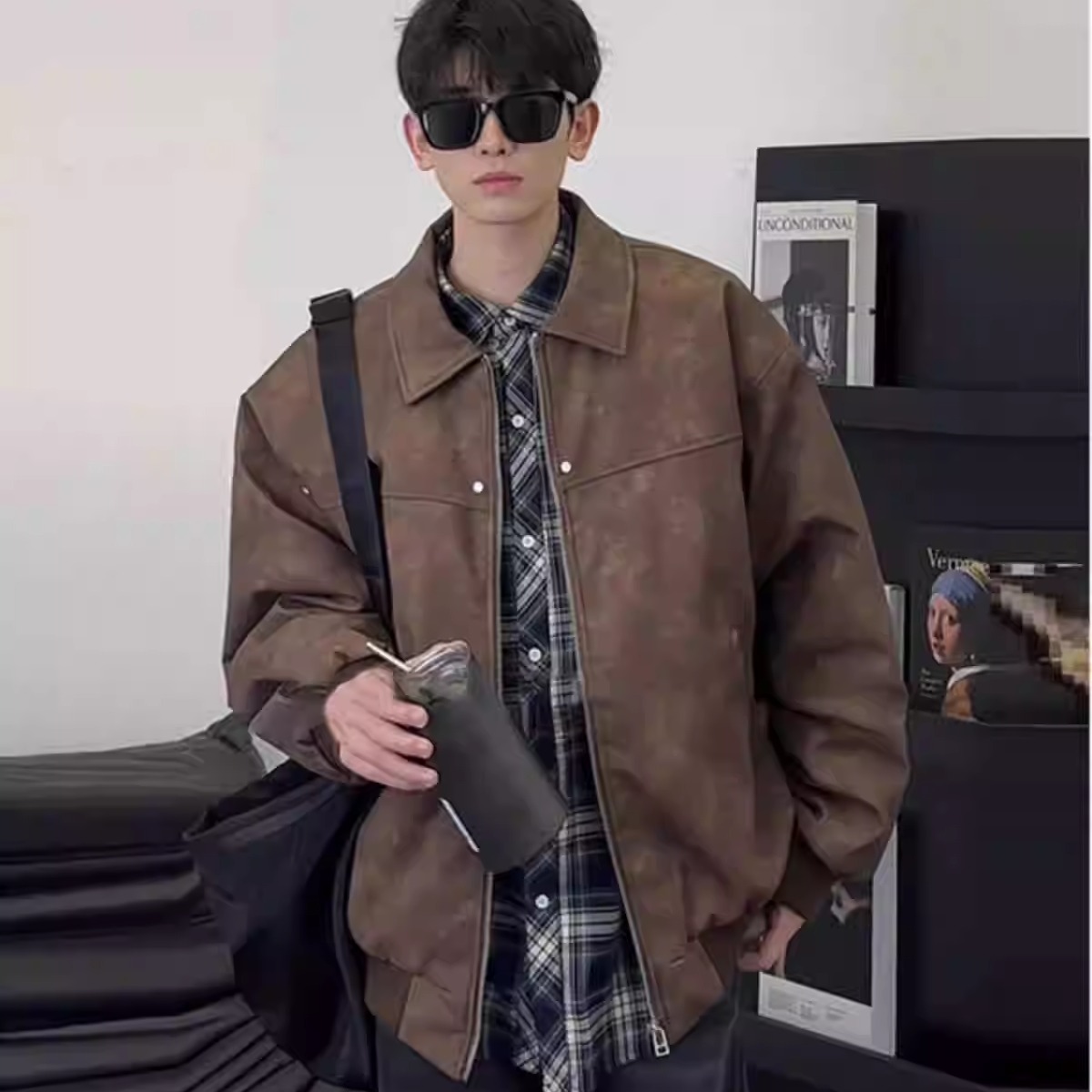 美式复古美拉德棕色翻领皮衣夹克