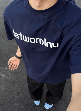 美式藏青色字母刺绣圆领短袖T恤