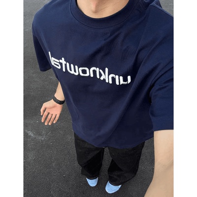 美式藏青色字母刺绣圆领短袖T恤