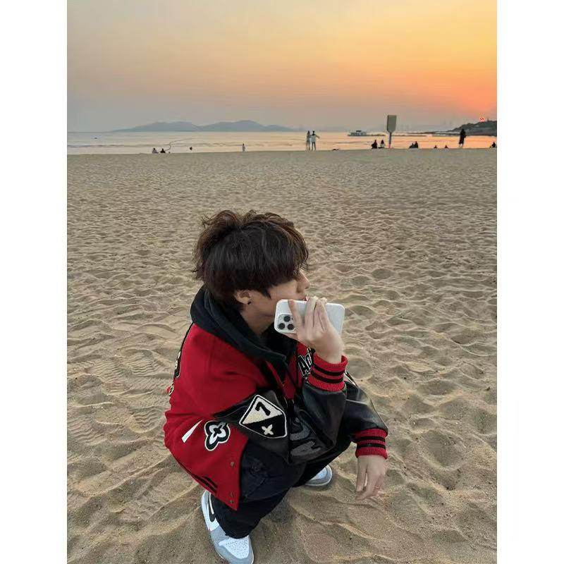 美式潮牌植绒字母刺绣夹克外套