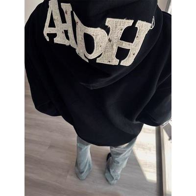 美式高街黑色字母刺绣连帽卫衣