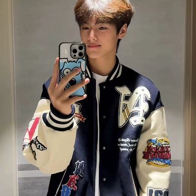 重磅毛巾绣撞色情侣夹克外套