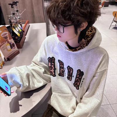 国潮美式豹纹字母刺绣连帽卫衣