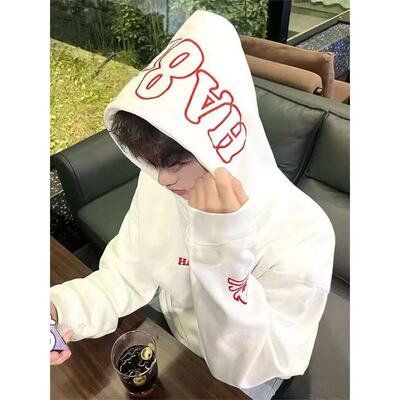 美式高街小火苗字母刺绣连帽卫衣