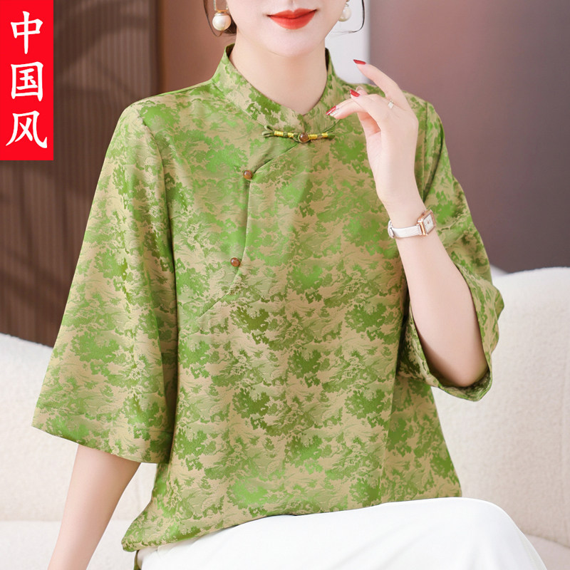 妈妈夏装真丝盘扣上衣加肥加大码新中式国风中老年女装桑蚕丝t恤