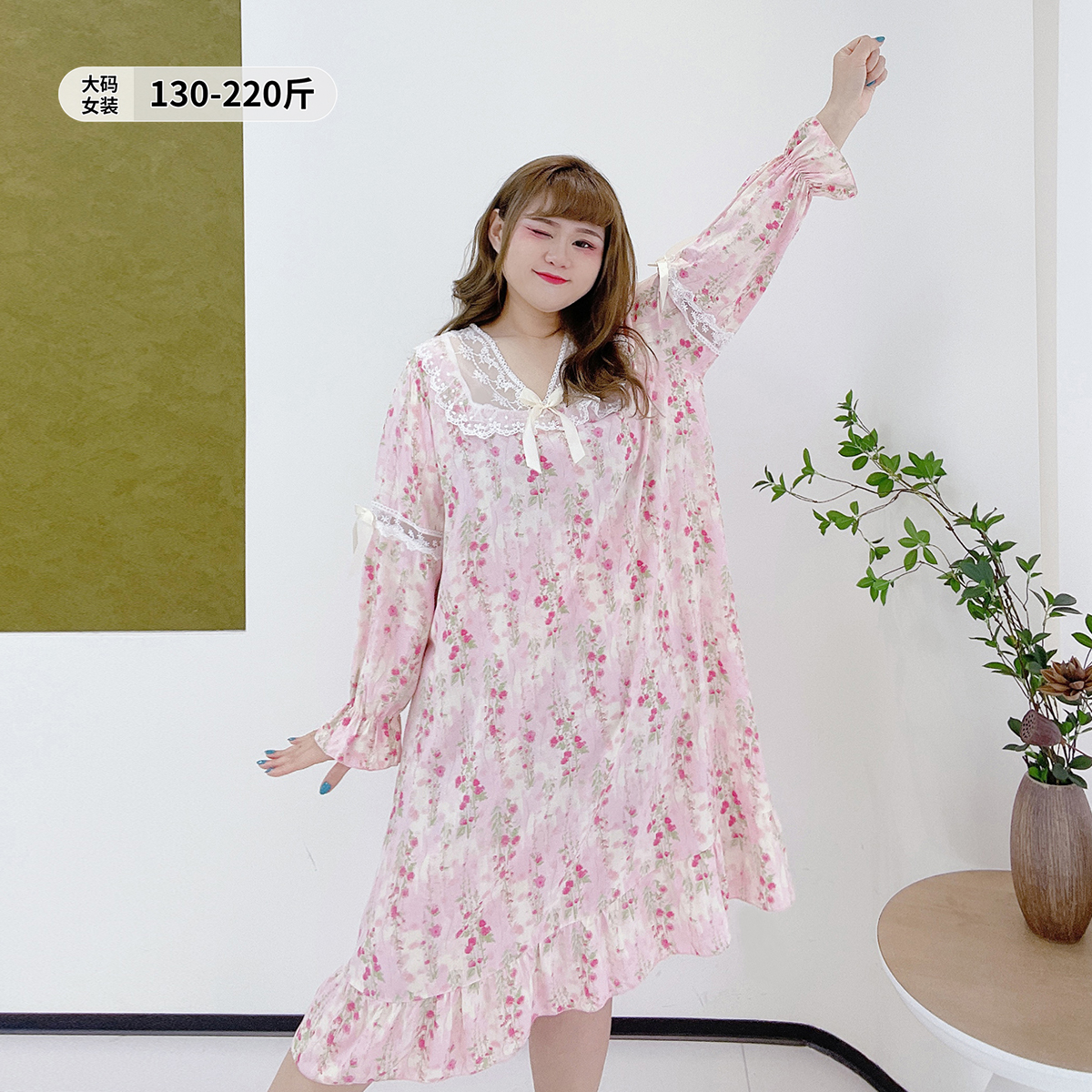 甜美风蝴蝶结遮肉碎花睡衣连衣裙