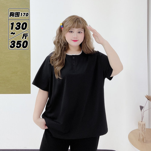小个子松弛感遮肉蕾丝圆领T恤衫