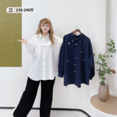 彩扣遮肉休闲风上衣胖莹莹大码 女装 秋季 时尚 职场百搭翻领复古衬衫