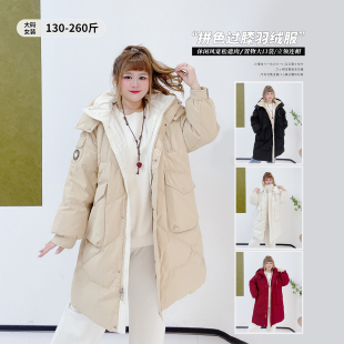 连帽过膝羽绒服 冬季 300斤遮肉保暖派克服加厚外套胖莹莹大码 女装