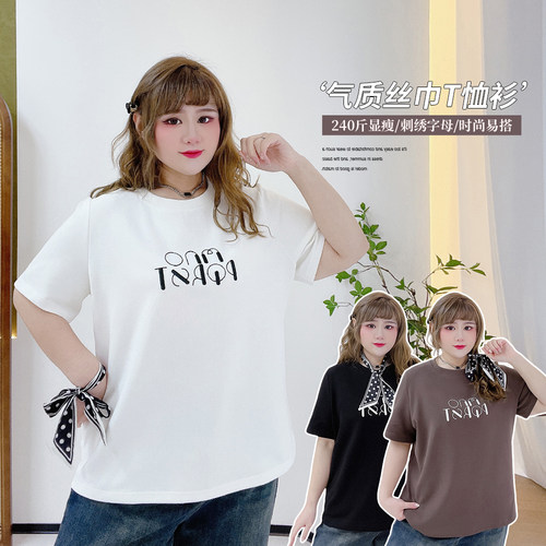 小个子宽松遮肉简约风刺绣T恤衫