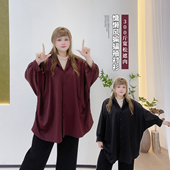 女装 胖莹莹慵懒风秋气质纯色时尚 落肩蝙蝠袖 300斤遮肉加大码 衬衫