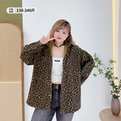 韩版 胖mm春秋休闲风遮肉上衣 女装 气质豹纹牛仔衬衫 胖仙女莹莹大码