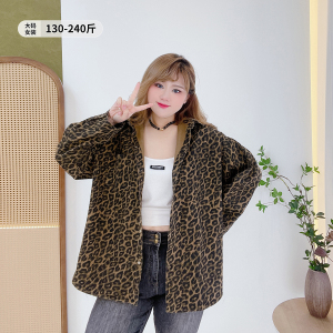 韩版气质豹纹牛仔衬衫胖仙女莹莹大码女装胖mm春秋休闲风遮肉上衣