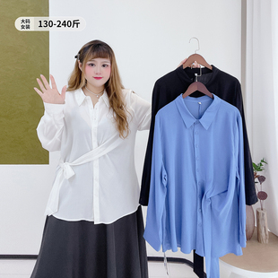 早秋扭结百搭不规则遮肉衬衫 韩系休闲风设计感上衣胖莹莹大码 女装