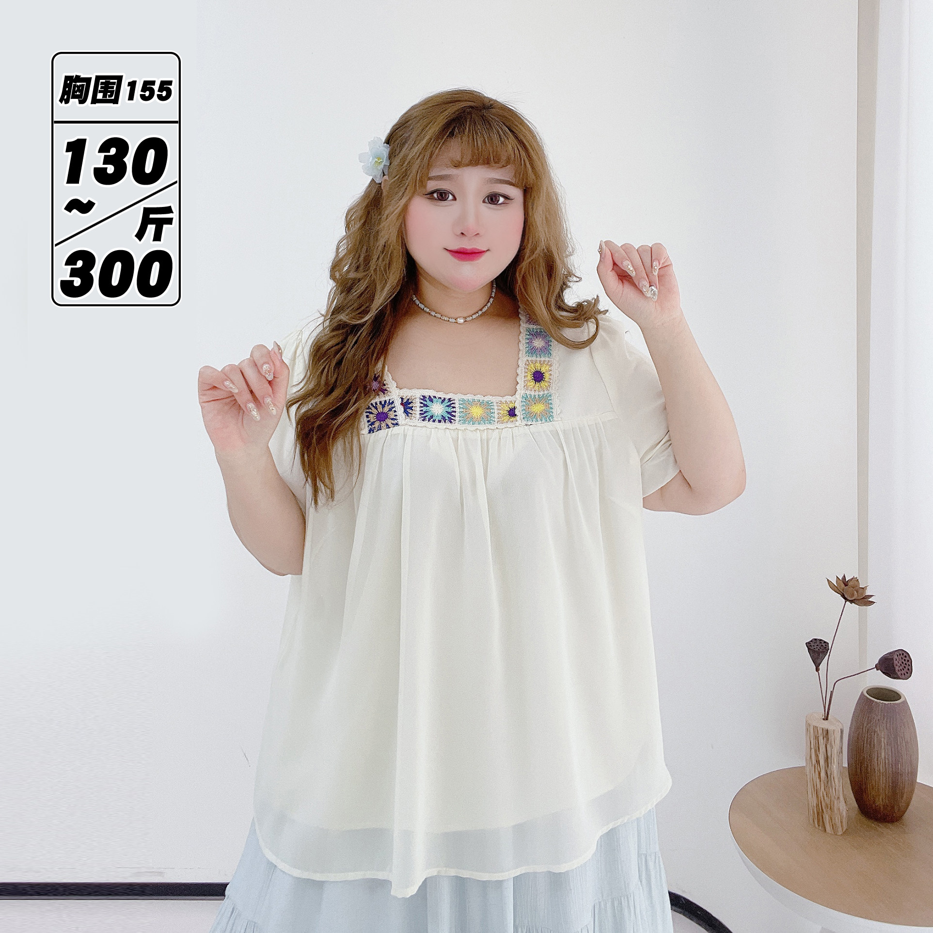 300斤民族风刺绣方领雪纺上衣胖莹莹大码女装夏季少女风短袖衬衫