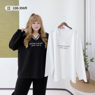 秋冬宽松休闲白色印花T恤衫 350斤遮肉性感镂空上衣胖莹莹大码 女装