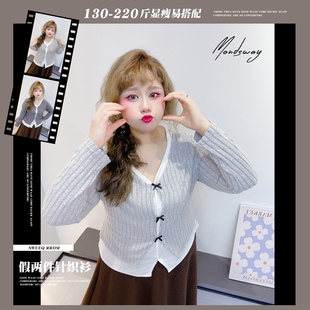 v领别致显瘦针织衫胖莹莹大码女装春装减龄蝴蝶结休闲假两件上衣
