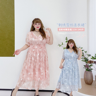 气质v领碎花连衣裙 泡泡袖 重工刺绣高级感雪纺长裙胖莹莹大码 女装
