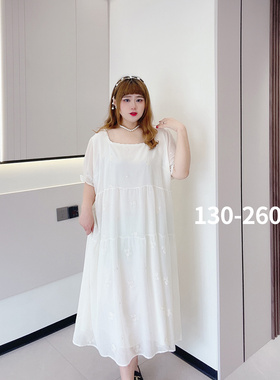 胖仙女莹莹大码女装胖mm夏260斤甜美绣花气质显瘦白色长款连衣裙