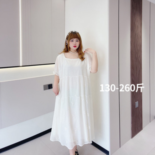连衣裙 胖mm夏260斤甜美绣花气质显瘦白色长款 胖仙女莹莹大码 女装
