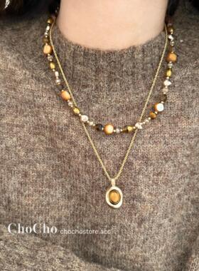 美拉德天然虎眼石串珠项链毛衣链