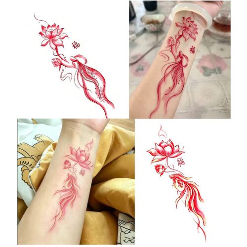 莲鲤纳福 温柔渐变莲花锦鲤彩色纹身贴防水持久女手腕唯美遮疤贴