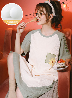 夏季短袖睡裙女士145-150cm小矮个子155S号纯棉夏天带胸垫睡衣裙