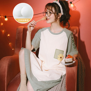 夏季短袖睡裙女士145-150cm小矮个子155S号纯棉夏天带胸垫睡衣裙