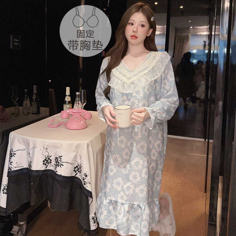 带胸垫睡裙女士春秋冬季纯棉长袖特大码睡衣裙长款防凸点200斤5XL,女士内衣/男士内衣/家居服,睡裙,淘宝优惠券,粉丝福利购,淘宝优惠卷
