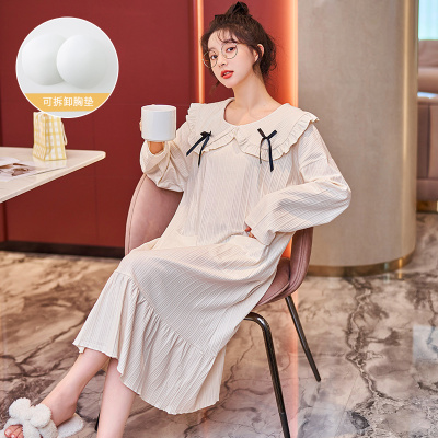 睡衣女春秋季长袖纯棉小个子少女初中学生带胸垫睡裙家居服连衣裙