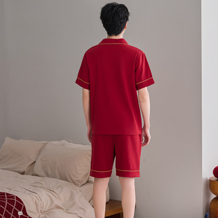 本命年红色睡衣男夏纯棉结婚新婚情侣女短袖短裤240斤300斤6XL7XL