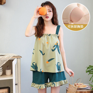 夏季女纯棉吊带短裤免穿胸罩带胸垫睡衣家居服娇小矮个子背心套装