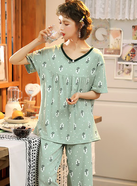 睡衣夏季女特大码超大号220斤胖mm纯棉短袖七分裤套装240斤5XL6XL
