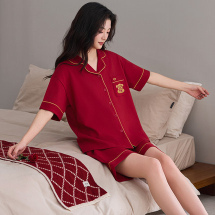 新婚情侣睡衣结婚纯棉短袖男女夏本命年马年红色240斤300斤6XL7XL
