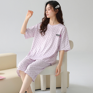 5XL6XL 特大码 睡衣女200斤胖mm夏装 240加肥加大宽松纯棉短袖 七分裤