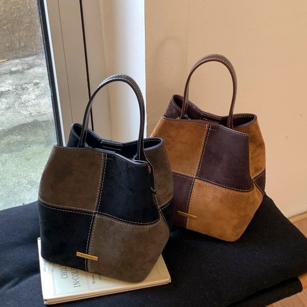 2026新款复古拼色水桶包女小众设计高级感麂皮绒手提包单肩斜挎包,箱包皮具/热销女包/男包,单肩包,淘宝优惠券,粉丝福利购,淘宝优惠卷