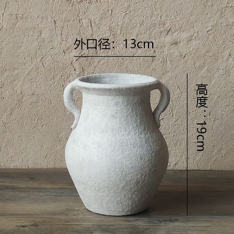 北欧简约陶瓷中古粗陶双耳花瓶白色家居民宿玄关侘寂装饰摆件高级