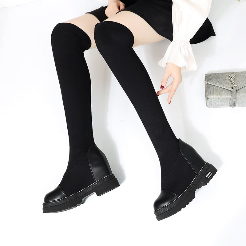 增高9CM拼接皮弹力靴袜靴 秋冬加绒款增高显瘦长筒靴过膝靴子女