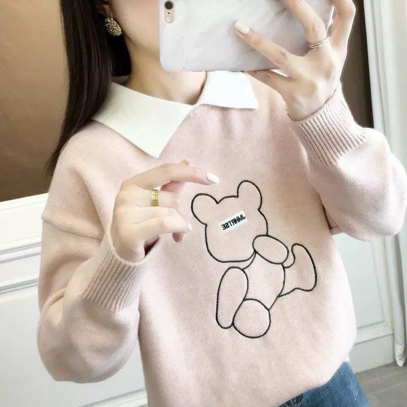 秋冬新款娃娃领宽松打底毛衣女学院风卡通短款百搭套头针织衫上衣