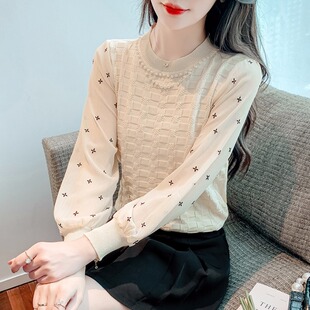 雪纺长袖拼接针织衫上衣女春秋新款洋气圆领钉珠宽松外穿薄款小衫