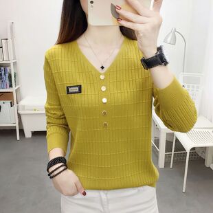 春秋2026新款女V领毛衣时尚套头短款针织打底衫宽松长袖内搭上衣
