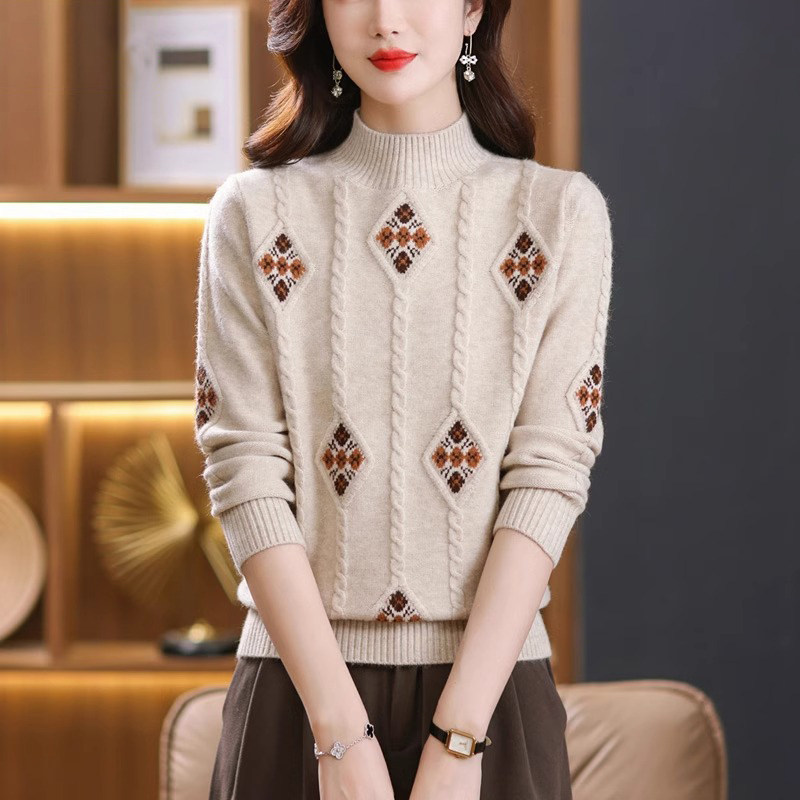 半高领加厚羊毛衫女秋冬新款妈妈提花洋气针织内搭宽松打底衫毛衣