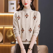 毛衣 妈妈提花洋气针织内搭宽松打底衫 半高领加厚羊毛衫 女秋冬新款