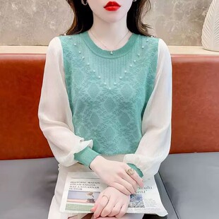 春季新款小香风圆领钉珠针织上衣女洋气减龄宽松雪纺拼接长袖小衫