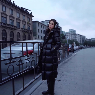 黑金鹅绒服高端加厚加长款情侣装男女同款秋冬保暖过膝连帽羽绒服