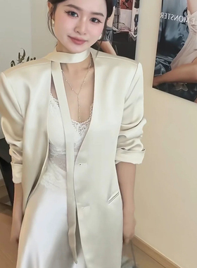 燃燃显瘦高级感缎面气质光泽感宽松外套西装(配飘带)A83914