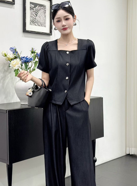 燃燃小众高腰短款显瘦套装小衫垂感阔腿裤休闲裤两件套套装27198