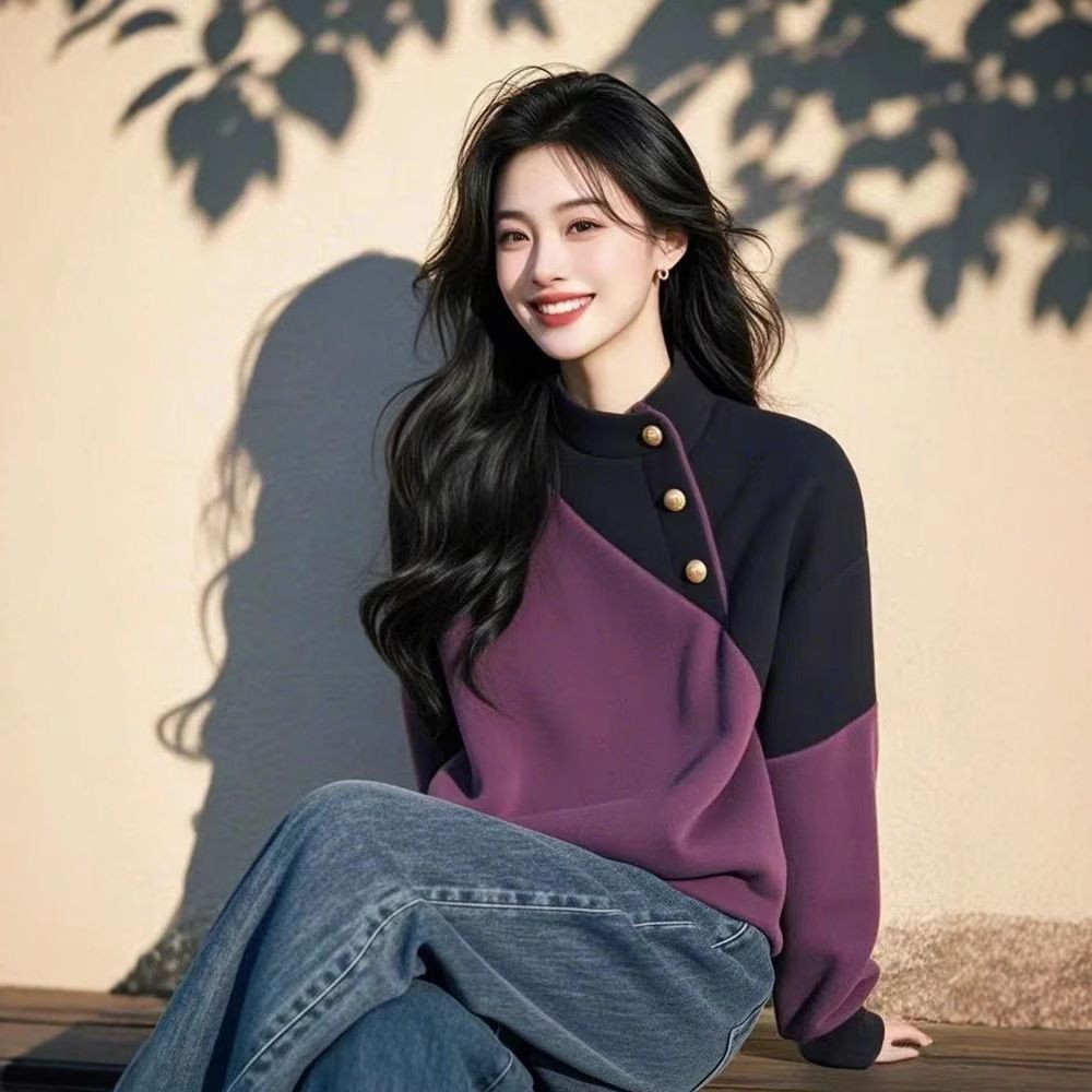 2024冬季新款爆款时尚洋气小个子韩系慵懒风紫色侧开叉半高领卫衣