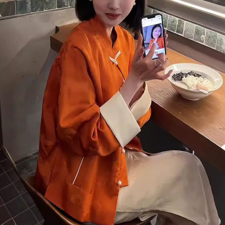2025春季高级感独特超好看唐装新中式女装高端国风提花橙色外套